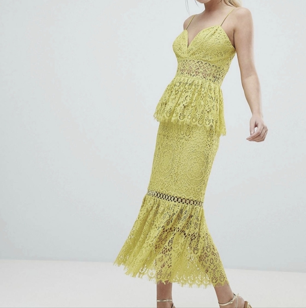 Asos Design Peplum Hem Lace Pencil Dress w/ Delicate Trim